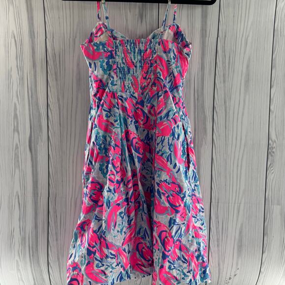 Lilly Pulitzer Easton Dress Cosmic Coral Size 0 Pink, Blue Gold Spaghetti Strap - Picture 4 of 11